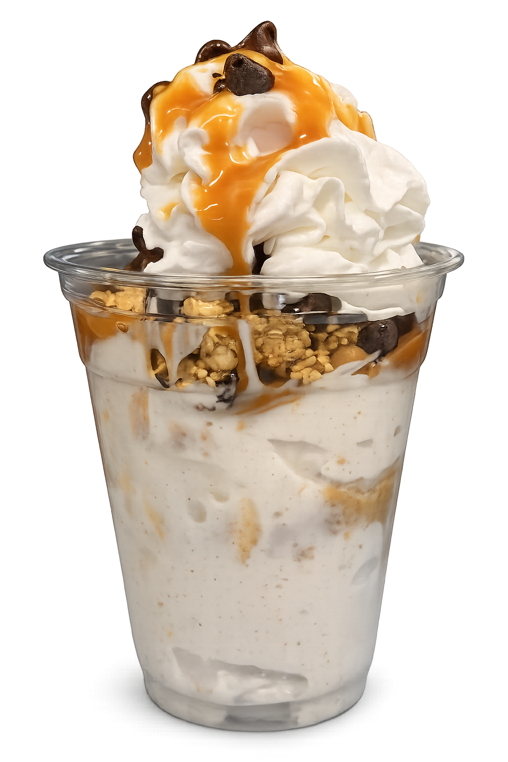 Greek yogurt parfait with granola, chocolate chips, whipped cream, and caramel drizzle